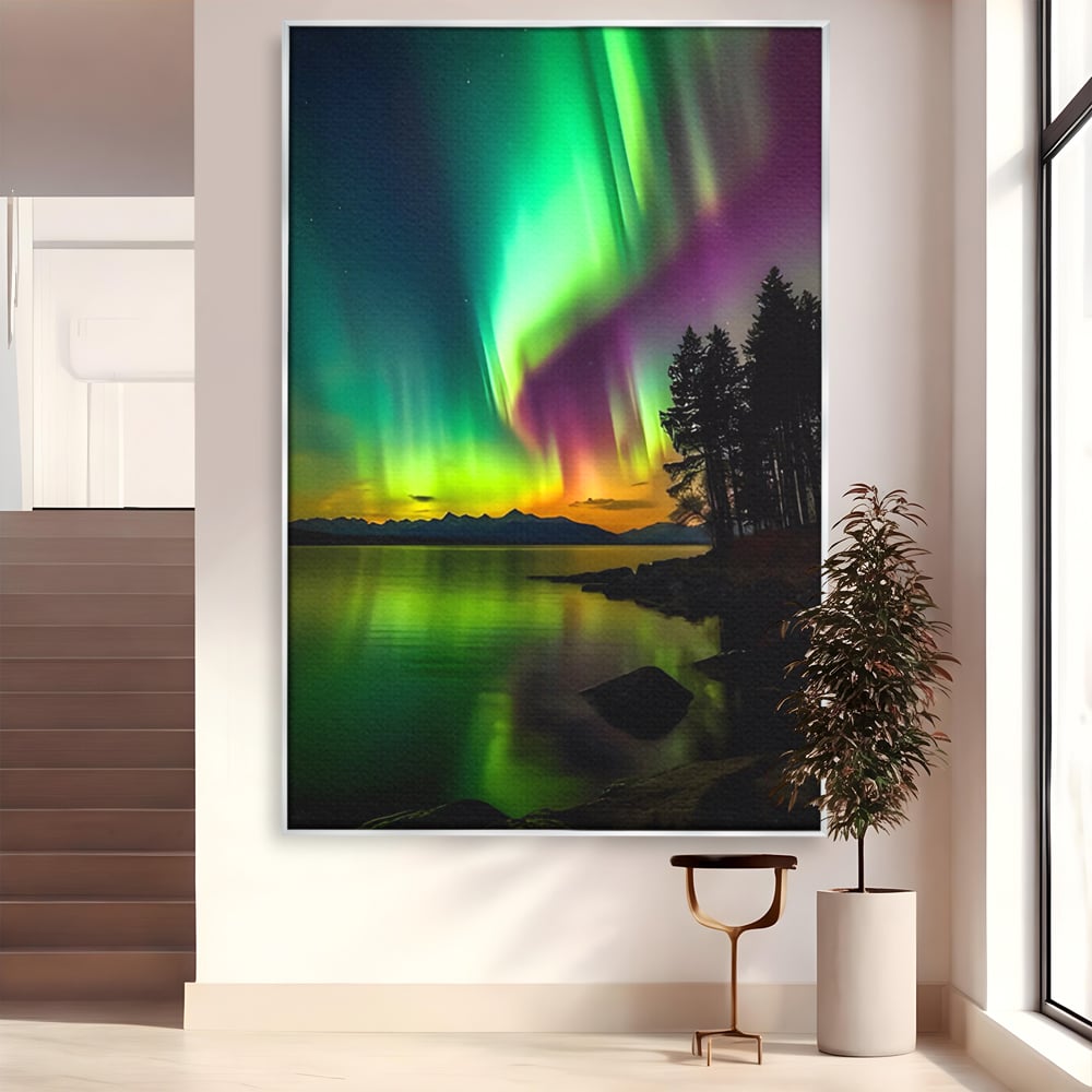 Tablou canvas cu tablou vertical cu aurora boreala pe lac, in rama de aluminiu argintiu